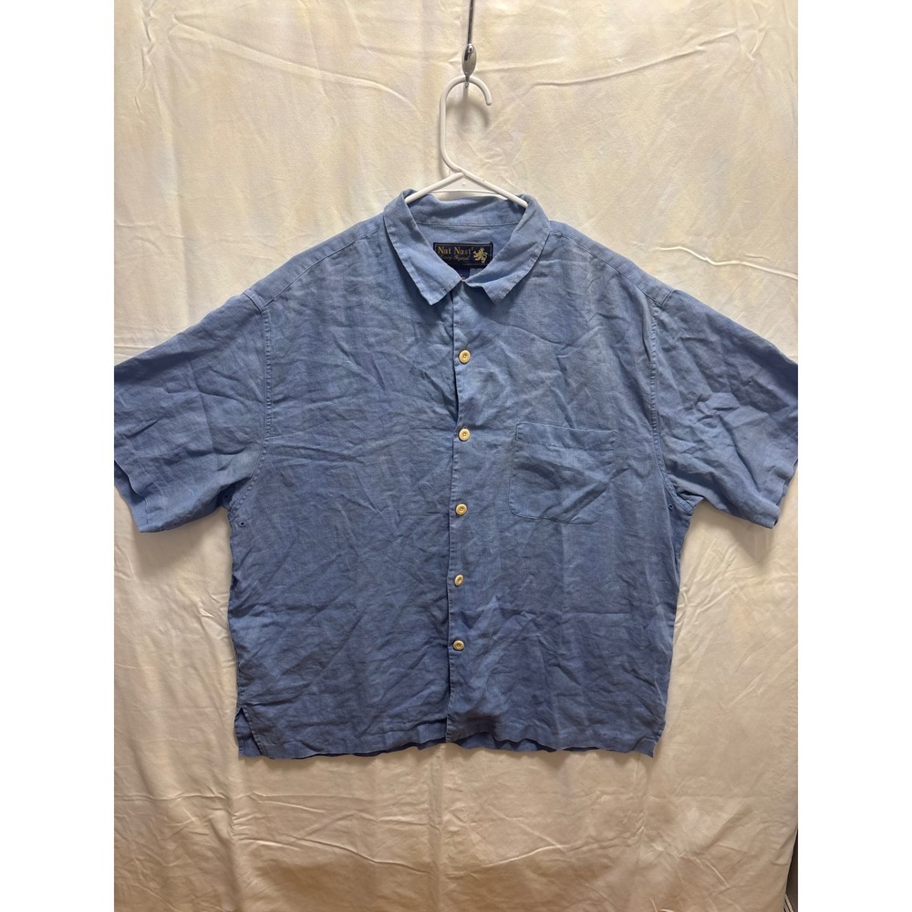 Nat Nast 100%Linen Shirt Mens Large Blue  Short Sleeve Button Up Luxury Original